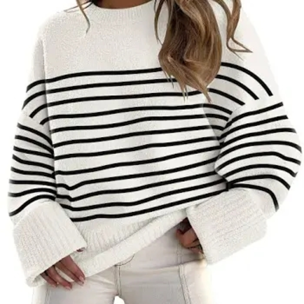 White and Black Crew Neck Striped Sweater